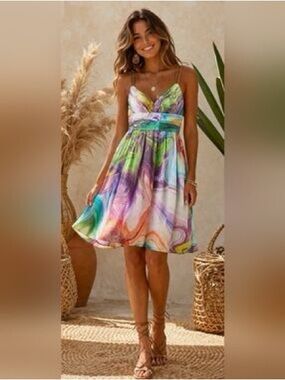 Oleg Cassini Multicolor Marble-Print Midi Dress with Purple & Green Accents